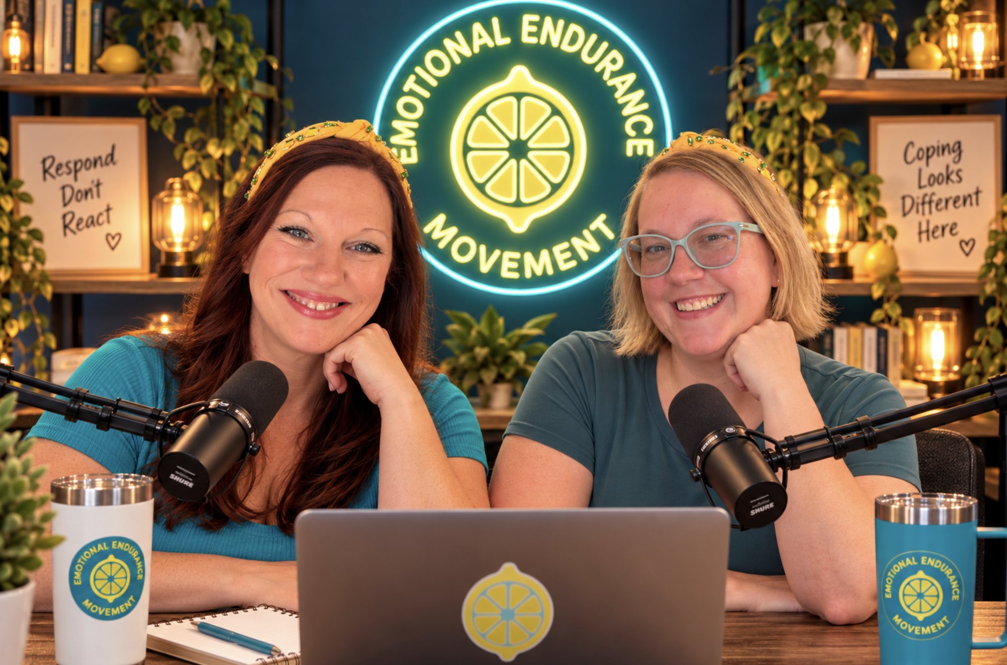 Crimson MacDonald and Laurie Sharp-Page at their podcast desk under the neon Emotional Endurance Movement sign